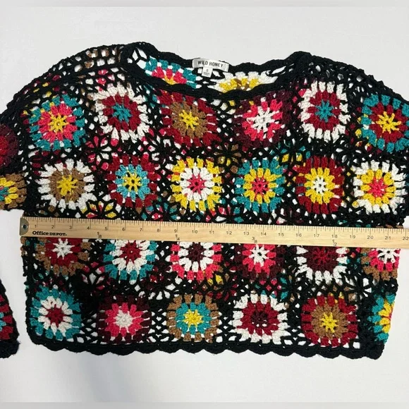 Wild Honey oversized bell sleeve Multicolor Crochet Knit cropped Sweater S - Picture 7 of 14